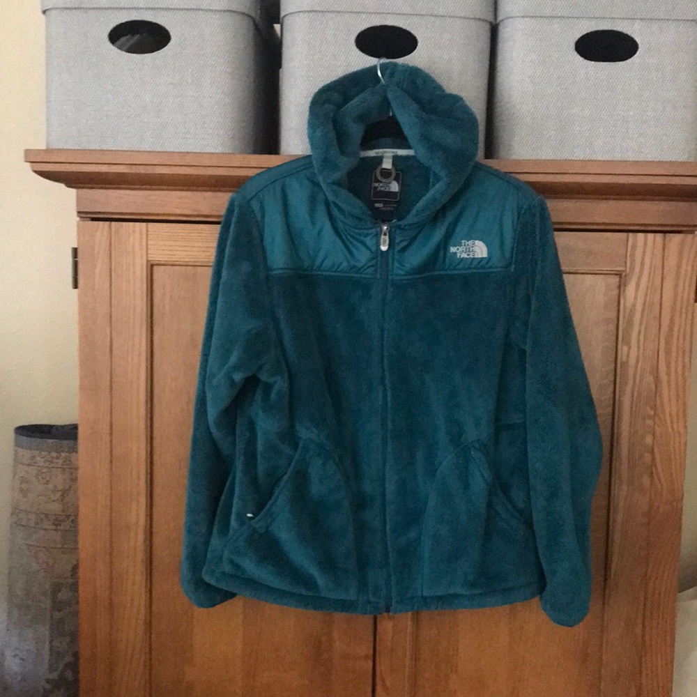 Teal green full zip jacket with hood. Non smoking home